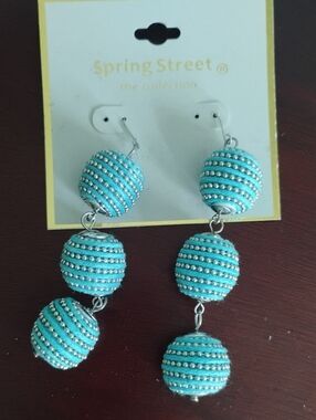 Spring Street Turquoise and Silver Triple-Bead Drop Earrings